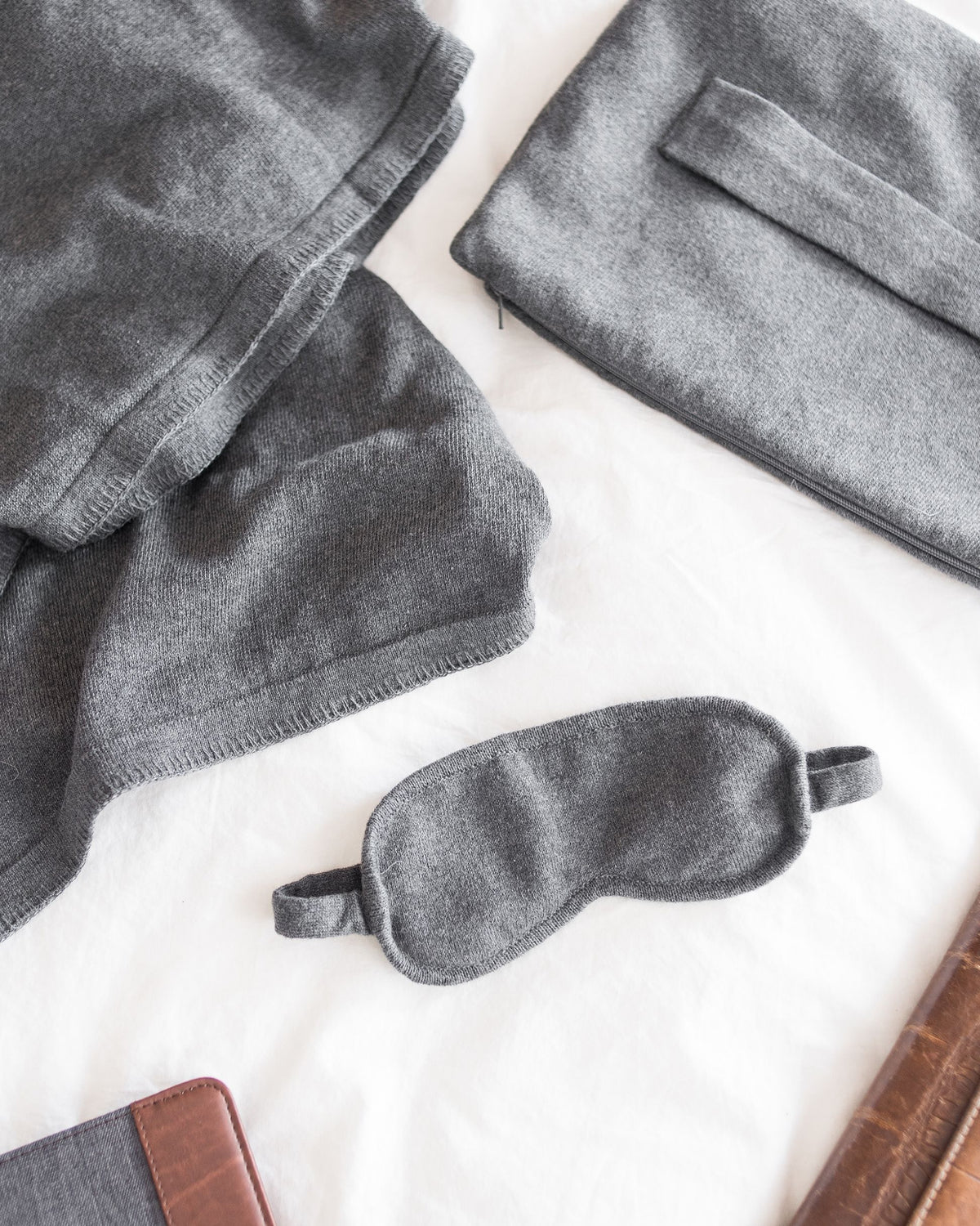 Dark Gray Travel Set shown with blanket,  carry pouch and eye mask