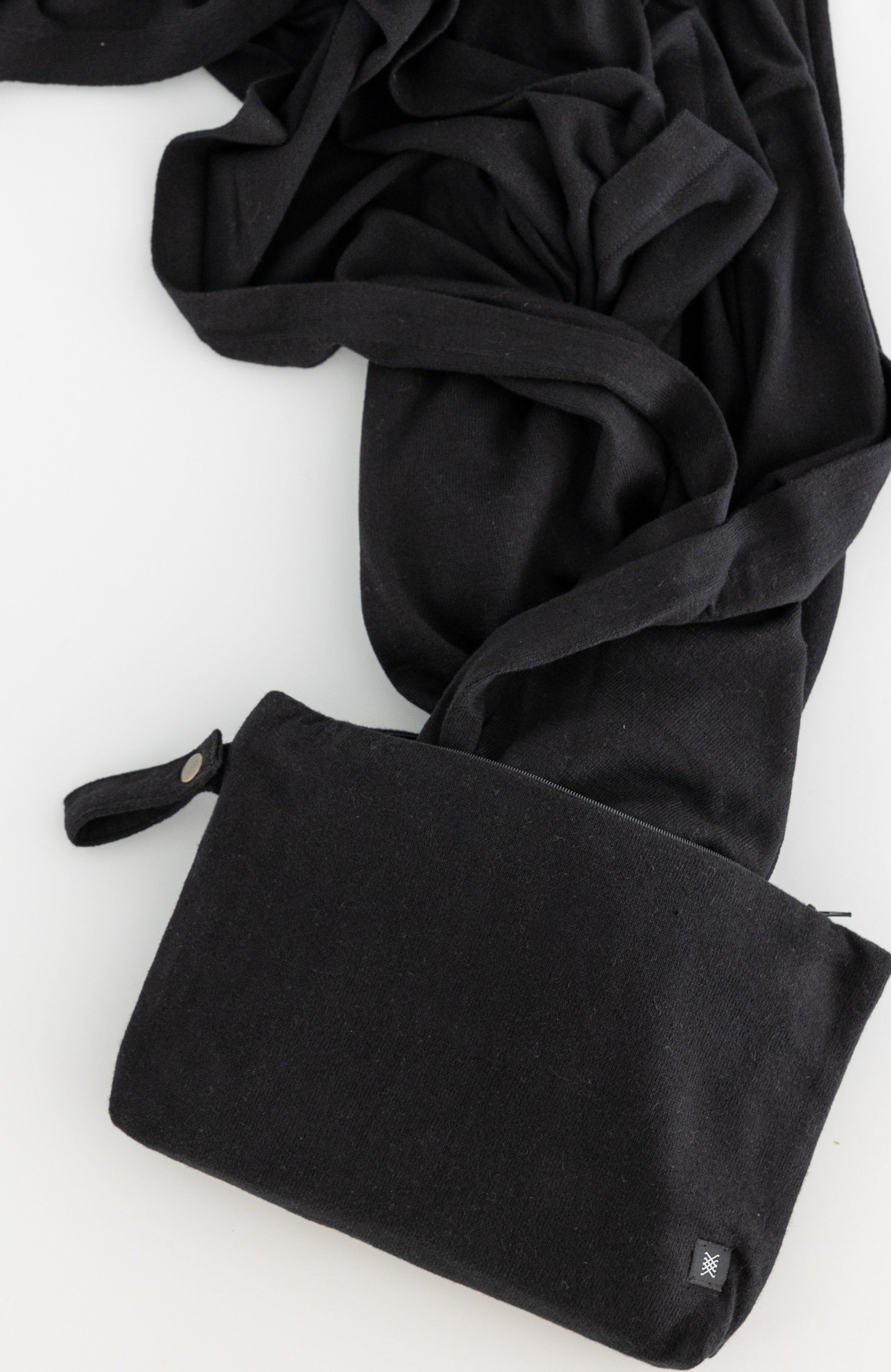 black carry pouch shown with black scarf