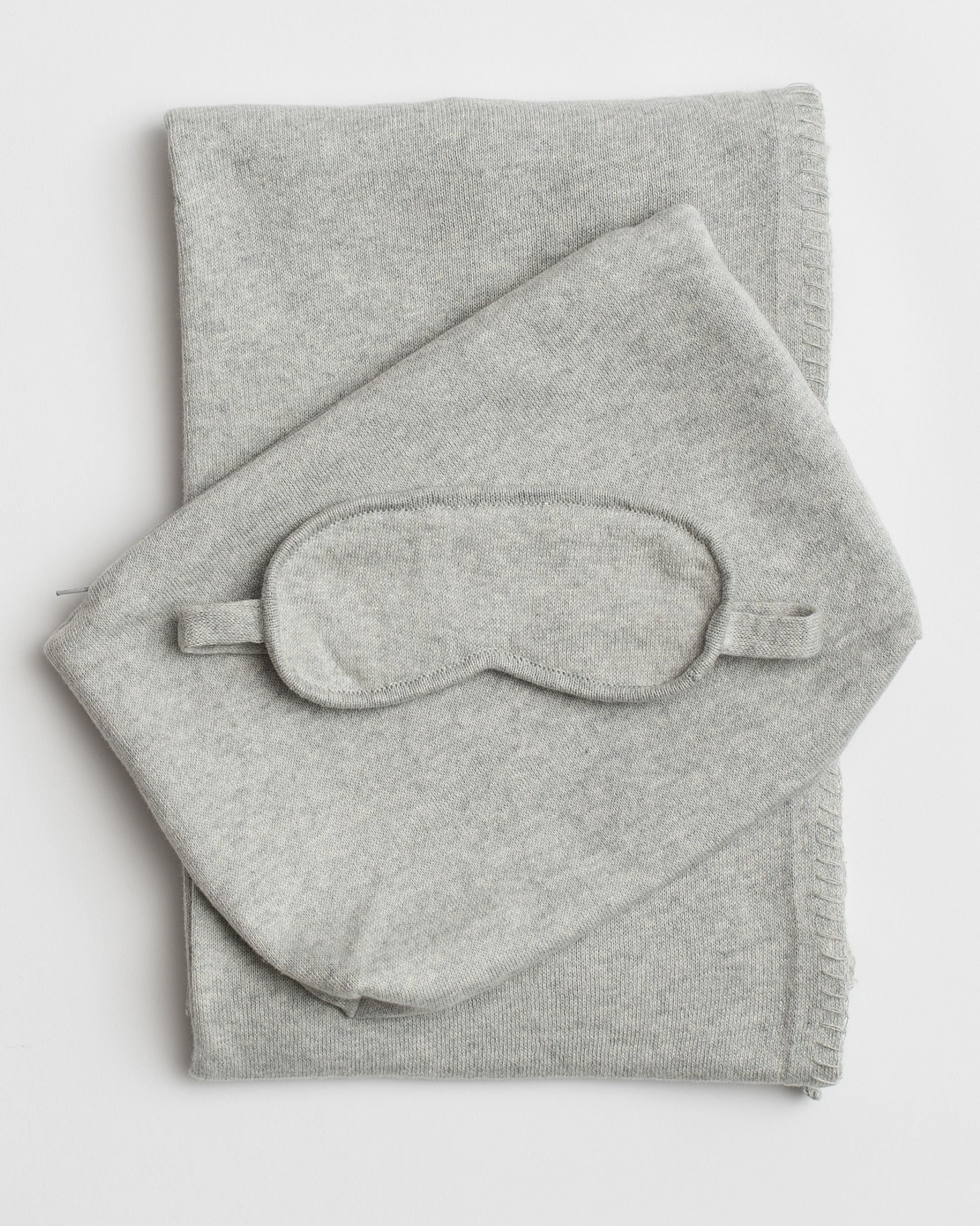 Light Gray Travel Set shown with blanket,  carry pouch and eye mask