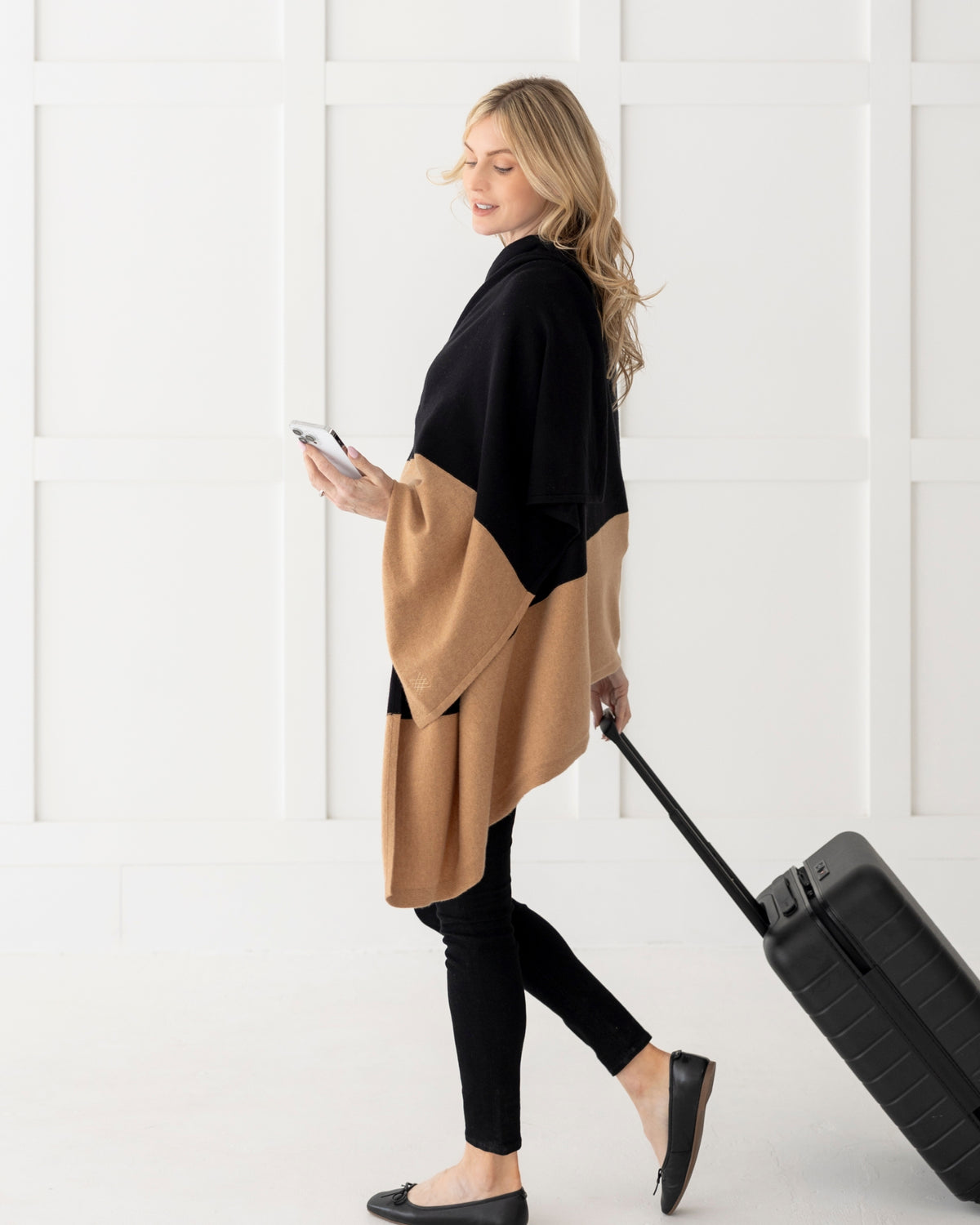 Cashmere Cotton Luxe Travel Scarf - Black and Camel Colorblock