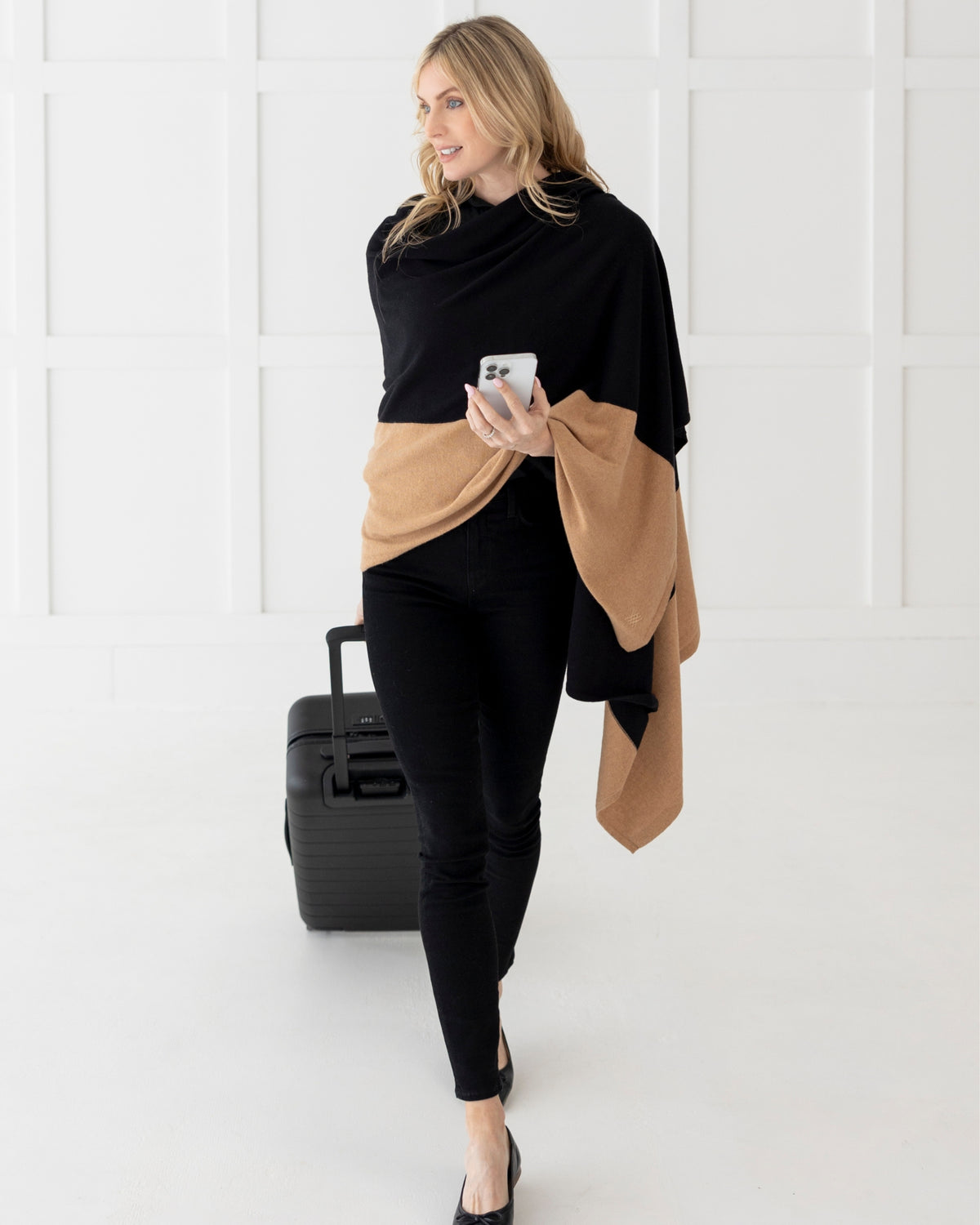 Cashmere Cotton Luxe Travel Scarf - Black and Camel Colorblock